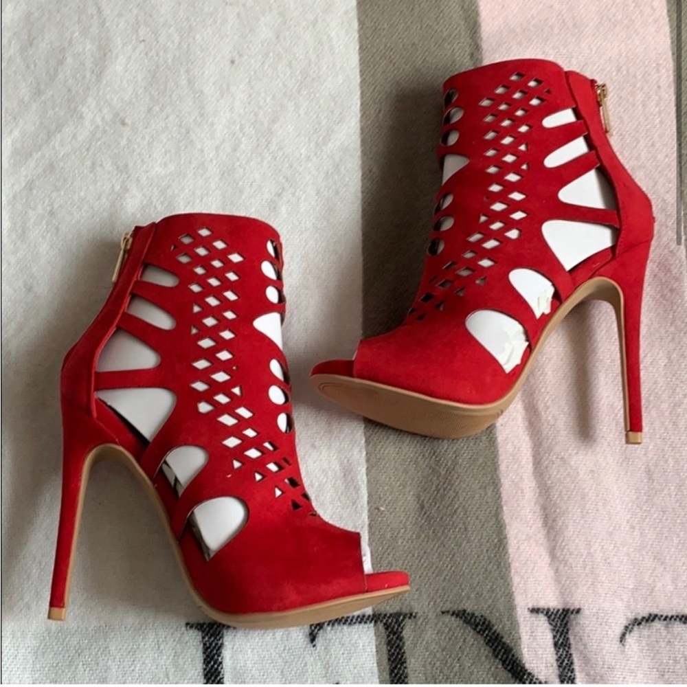 NEW NEVER WORN Red Suede Open Toe Booties